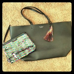 Tote with sequin hand clutch